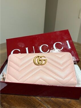 Gucci Blush Pink Chevron GG Zip-Around Wallet with Gold Hardware